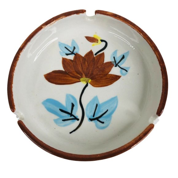 Vintage Round Ceramic Ashtray Flowers Blue Brown 4 7/8" Cigarette Stoneware - Picture 6 of 6